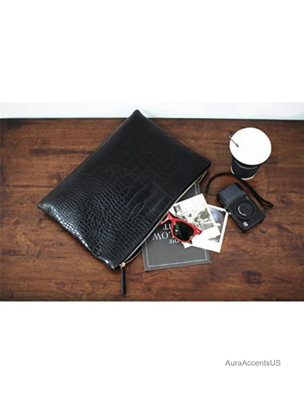 PU Leather Envelope Clutch Bag with Zipper Pocket, Oversize Evening Handbag